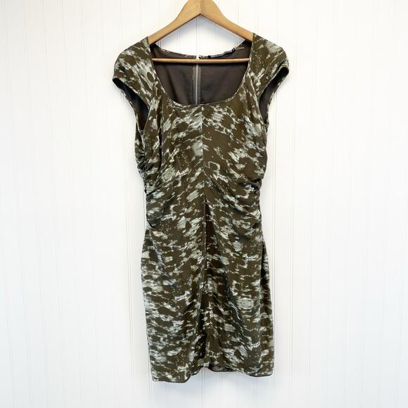 Andrew Marc Womens 8 Silk Shift Dress Mottled Olive Green Square Neckline Zipper - Picture 1 of 16